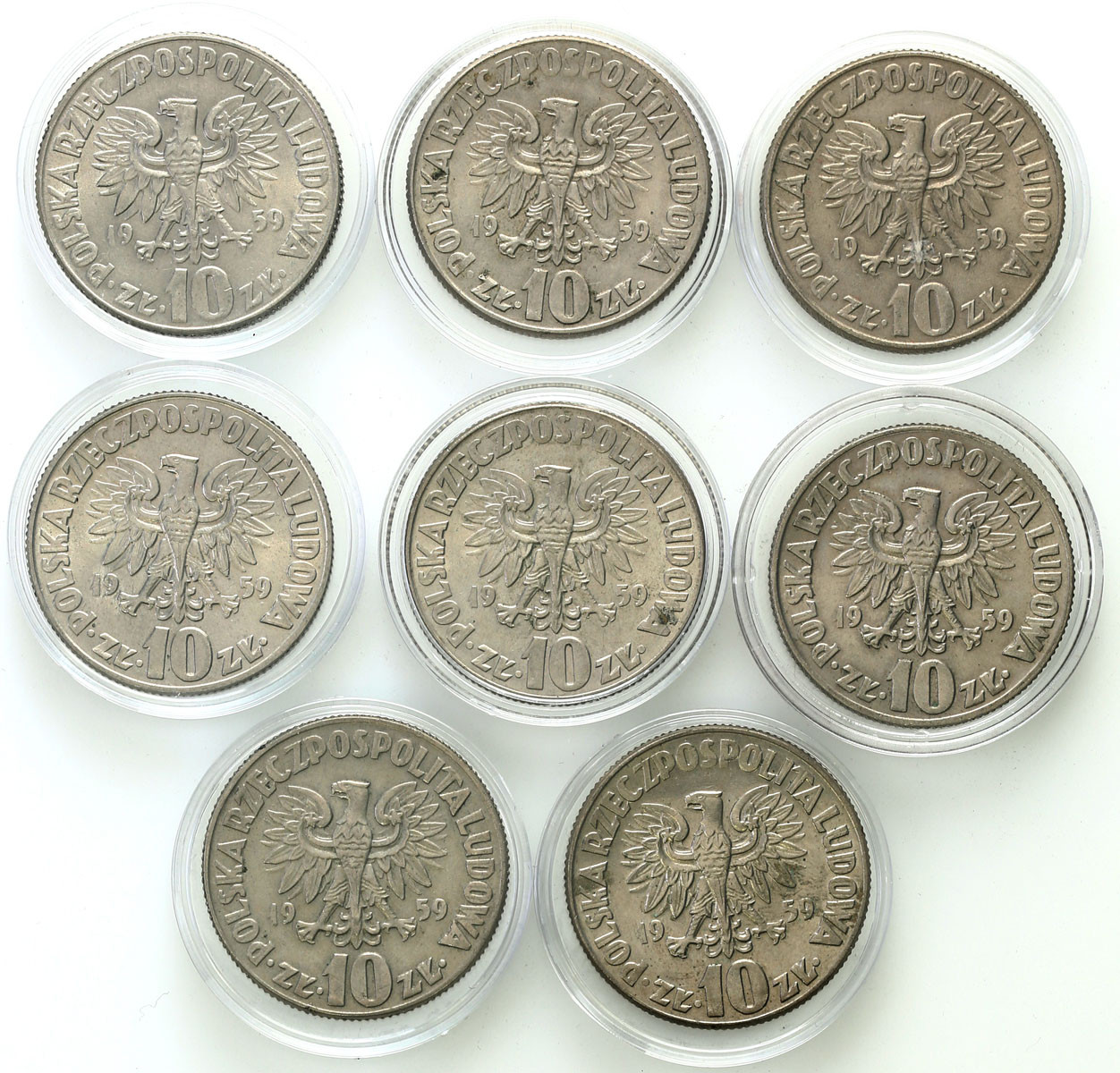 PRL. 10 złotych 1959 Kopernik, zestaw 8 monet